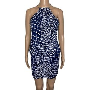 Cache Blue & White Patterned High Neck Built In Choker Necklace Mini Dress